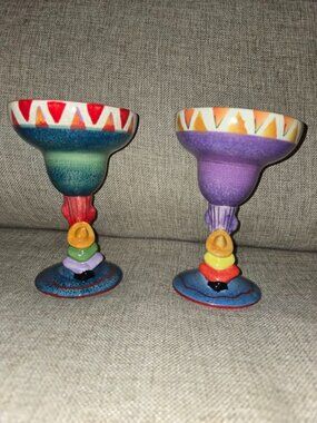 Fiesta Garden Ridge Decorative Magarita Glasses Heavy Pottery Hand-Painted
